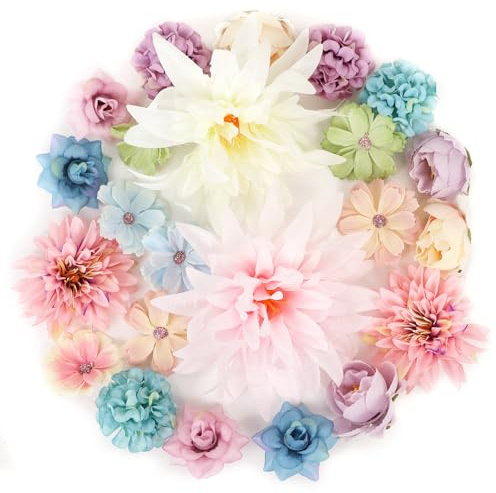 LARDUX 24 PCS Artificial Flower Heads-Craft Fake Flower Decoration Mini Silk Colourful Flower Heads Bulk Mix for DIY Wedding Party Hair Accessory Scrapbooking Home Decor