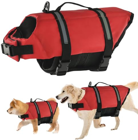 Gilet de Sauvetage pour Chiens, FainFun Gilets de Sécurité pour Chiens Orange, pour Grande Taille und Petit Chien, avec Bandes Réfléchissantes/Ceinture Réglable (Rouge, L)