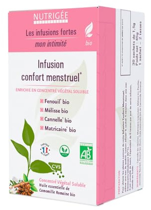 Infusion confort menstruel bio | soulage règles douloureuses et SPM | camomille, fenouil, mélisse, matricaire | apaisement naturel du cycle féminin | 30 sachets | fabriqué en France l NUTRIGÉE