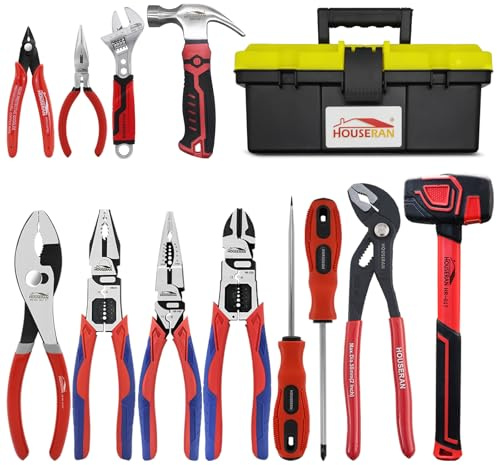 HOUSERAN 12-Piece Professional Tool Kit - Heavy Duty CRV Pliers Set, Rubber Mallet, Adjustable Wrench, Claw Hammer & Toolbox for Electrical, Household Repair, Automotive, Industries