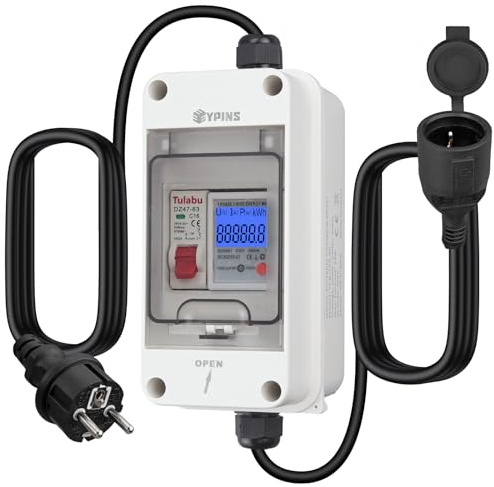 EYPINS Mobiler Digitaler Stromzähler 80A 230V, Outdoor Mobile KWH Messgerät mit LS-Schalter, Tragbar LED Stromzähler mit Reset, SK-Stecker, Kupplung, 2x 1,5m Kabel für Wohnmobile Elektroautos Haushalt