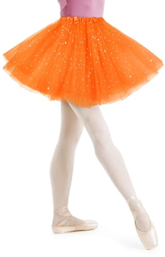AYBUY Jupe Tutu pour Femme avec Paillettes Étoiles,3 Couches Jupe en Tulle Rétro Années 80,Fête Halloween Carnaval Costume De Fête,Jupe Tutu Rétro Accessoire Fluo Danse Habiller Fille,Orange