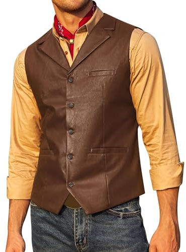 Cowboy väst män läder ärmlös toppar för män smal västerländsk cowboy stil väst lätt v-ringad formell väst jacka klassisk vintage cyklist västar hiphop punk västar enfärgad