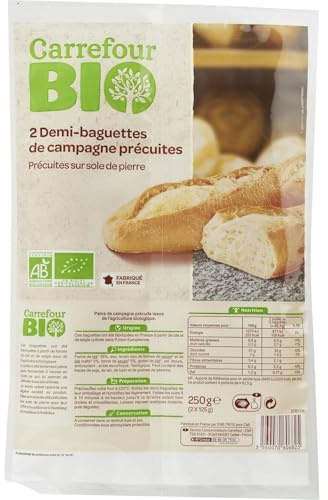CARREFOUR BIO – Demi-Baguettes Précuites au Goût Authentique, Croûte Dorée et Mie Moelleuse (2x125g) - lot de 4 - Vendu par Lot