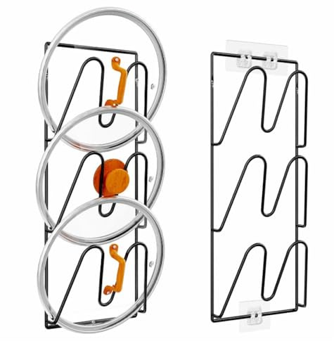 ERFGT Soporte para Tapa de Olla, 2 Piezas Porta Tapas de Cocina para Colgar, Soporte para Tapas de Ollas Pared con 3 Ranuras, para Colgar Utensilios de Cocina y Tapas de Sartenes, Negro