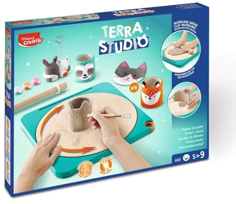 Maped CREATIV Töpfer-Set TERRA STUDIO – Manuelle Töpferscheibe aus Holz für Kinder ab 5 Jahren – Kreativ-Set mit Ton, Farben & Werkzeug – Bastelset zum Modellieren, Malen & Gestalten
