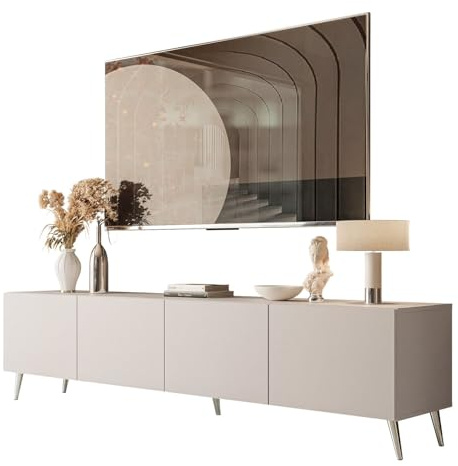 Lookway COLGANTE Moderner TV-Schrank 200 cm in Kaschmir Matt auf Schrägen Onyx-Beinen mit Push-to-Open-System (Beine: Silber Chrom)