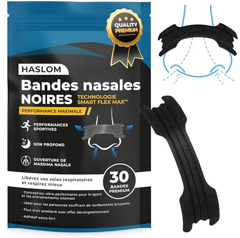 Haslom® 30 Tiras Nasales Negras Performance, tiras nasales deportivas, Antironquidos, tiras nasales para dormir, antironquidos, Adhesivo Reforzado, Máxima Adhesión para Deporte y Dormir