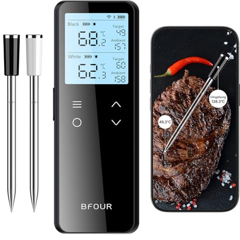 BFOUR Termometro per carne senza fili con WiFi e Bluetooth, 100% impermeabile con 2 sonde, doppio monitoraggio della temperatura per barbecue, forno, arrosto – BF-80