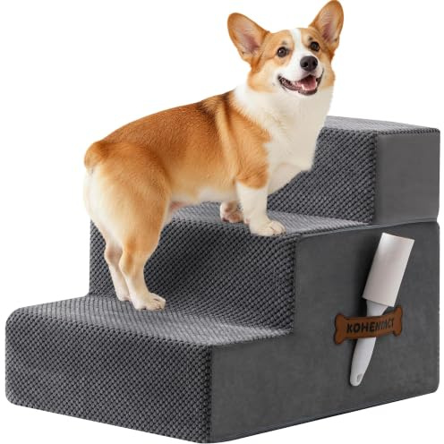 Kohentact Hundtrappor, steg och ramp för hög säng och soffa, 33–61 cm H avtagbar husdjurstrappa för små och medelstora hundar, robust 40D-skum, halkfri, tvättbart överdrag med luddrulle, grå