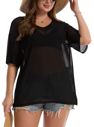 Women Sheer Mesh Tops Sexy See Through Short Sleeve Cover up Black 3XL | Women Sheer Mesh Tops Sexy See Through Short Sleeve Going Out Club Concert Trendy Summer Rave Outfits