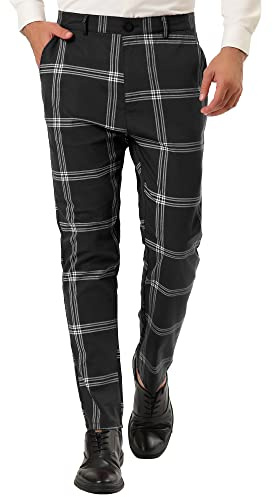 Lars Amadeus Pantalones de vestir a cuadros para hombre, casuales, ajustados, parte delantera plana, estampados, pantalones de negocios, Negro, 44