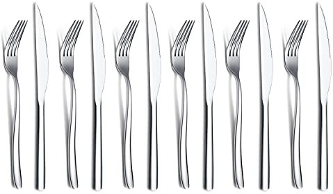 Set Di Coltelli Da Bistecca 12 Pezzi,Set Di 6 Forchette E 6 Coltello Da Tavola In Acciaio Inossidabile Premium,coltelli da bistecca forchette da bistecca per 6 persone (Argento Lucido)