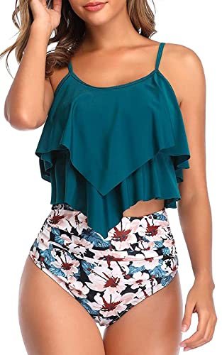 Genfien Maillot de Bain 2 Pièces pour Femme Haut à Volants | Short Taille Haute,Push Up,Bretelles Réglables,Bikini,Beachwear,Été