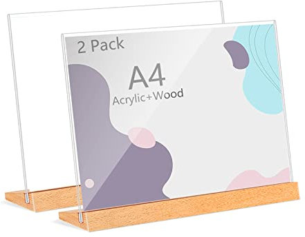 Andchi Table Display Acrylic Sign Holders, L-Shape Table Stands Wooden Base Menu Holders for Restaurants, Office (A4 horizontal)