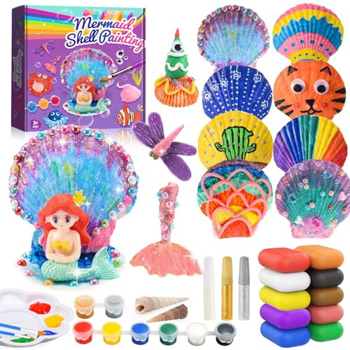 HappyGoLucky Geschenk Mädchen 4 5 6-10 Jahr,Bastelset Mädchen 4-10 Jahre Bastelset Kinder ab 4-10 Jahre Kreativ Set für Kinder Meerjungfrau Spielzeug Mädchen 4-10 Jahre Muscheln Zum Basteln
