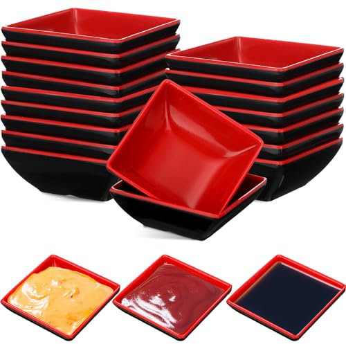 Hushee Juego de 25 cuencos de melamina para servir, color negro y rojo, platos de salsa de soja, pequeños cuencos de salsa para condimentos, mini tazas de salsa aptas para horno y lavavajillas,