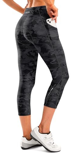 Damen-Fahrradhose, 4D-gepolstert, hohe Taille, Radhose, Caprihose, 3/4 Radhose mit Reißverschlusstaschen, Camoblack, X-Groß