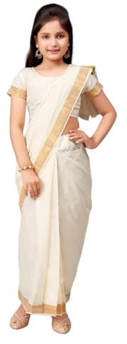 Aarika flickor bomullsblandning sari, Grädde, 7 Years-8 Years