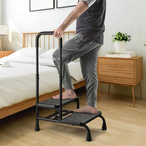 Step Stool with Handle, Non Slip Platform and Adjustable Handrail, 2 Step Stool for Seniors, Adults and Handicap, Heavy Duty Foot Stool for High beds, Kitchen, Bathtub, 350 lbs