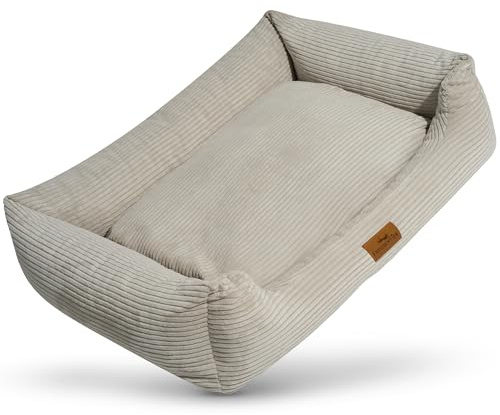 Ortopedisk hundsäng i manchester, tvättbar, ergonomisk hundsoffa med avtagbar liggkudde, hundkorg OEKO TEX certifierad och tillverkad i EU, för små, medelstora och stora hundar (beige, M)