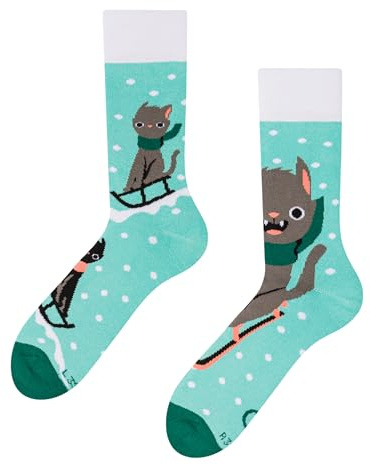 Dedoles Calzini Unisex Donna Uomo & Bambini Calze Cotone con tanti Design divertenti sinistra destra diversi, colore: Blu, disegno: Gatto in slitta (caldi), taglia: 39-42
