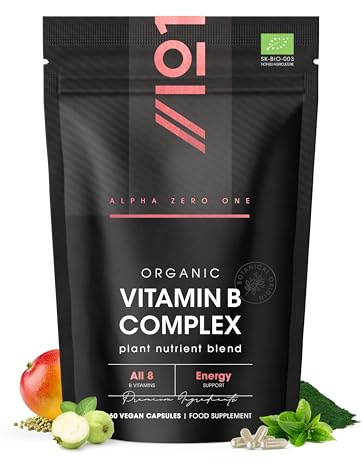 Organic Vitamin B Complex – 100% Plant Based Blend – 60 Vegan Capsules – All 8 B Vitamins B1 B2 B3 B5 B6 B7 B9 B12 – Energy Support – by Alpha01