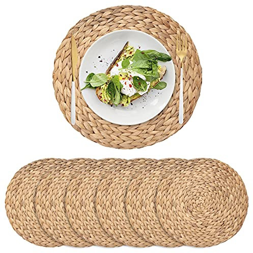 6 Pack Round Woven Placemats, Water Hyacinth Placemats, Natural Table Mats for Dining Table (30 cm)