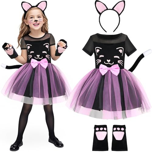 G.C Robe Chat Fille Déguisement Chat Enfant avec Serre-Tête Oreille de Chat Queue de Chat Gants Costume Animaux Deguisement pour Carnaval Halloween Noël Cosplay (130, 6-7 Ans)