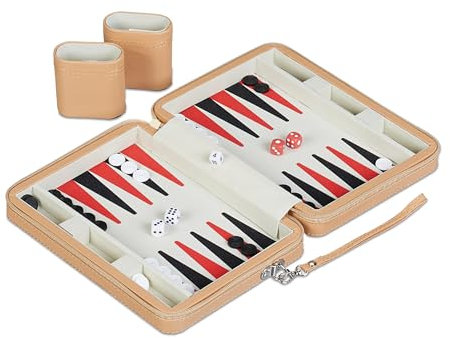 Relaxdays Backgammon, Reisespiel mit Tasche, inkl. Zubehör, HxBxT: 5,5 x 24 x 18 cm, Lederoptik, Brettspiel, hellbraun
