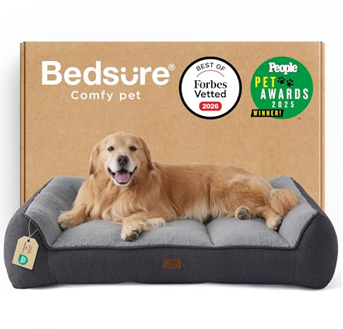 Bedsure Orthopedic Dog Beds Large - 122x89cm Extra Thick Supportive Dogs Couch with Waterproof Washable Cover, XL Plus Extra Large Pet Bed Sofa with Soft Plush Sherpa and Nonskid Bottom, Dark Grey