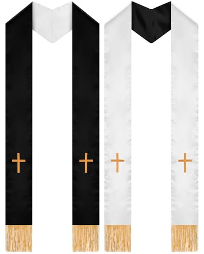 Eurzom 2 Pcs Embroidery Reversible Clergy Stole with Cross Tassels Wedding Church Minister Pastor Priest Shawls for Men Women(White,Black)