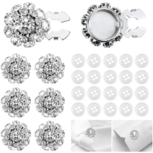 6 Pcs Rhinestone Crystal Button Covers Set, Asaisimg Detachable Clip-On Buttons Jewelry for Women/Men Shirts with 20 Pcs Sewing Buttons, Decorative Button Covers for Blouses Suit Clothing (Silver)