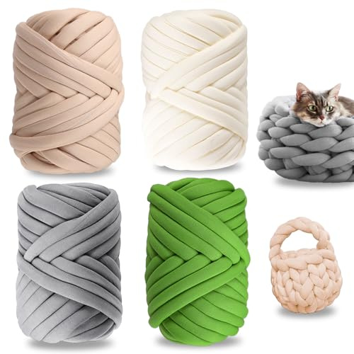 4 Stück Armstricken Wolle, T-Shirt Garn zum Häkeln 4×100g Häkelgarn Baumwolle Häkelwolle Crochet Yarn Dickes für Taschen Decken Tasche DIY-Kunsthandwerk