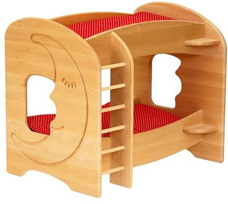 Drewart Puppen-Stockbett mit Mond und Bettzeug aus Erlenholz für Puppen bis ca. 50 cm, klassisch, Rot