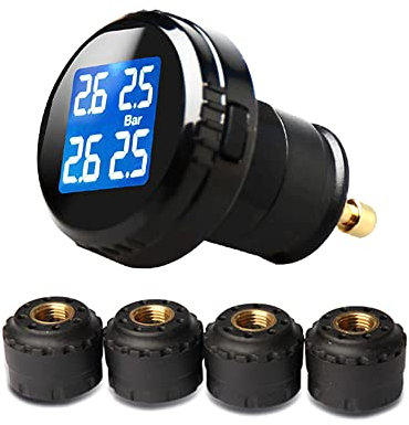 Shkalacar Reifendruckprüfer mit 4 Externen Reifendruckkontrollsensoren, Reifendruckkontrollsystem Tpms Zigarettenanzünder-stecker LCD-Display mit Blauer Hintergrundbeleuchtung