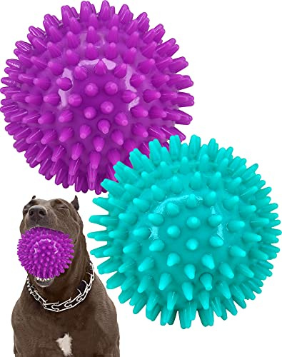 Pweituoet 2 Pack 4.5” Heavy Duty Squeaky Dog Ball for Medium Large Dogs, Spikey Dog Ball Toys for Clean Teeth and Training, Large Dog Toys for Aggressive Chewers…