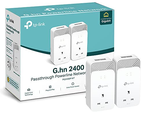 TP-Link Wired Passthrough Powerline Adapter Starter Kit, Advanced Protocol G.hn MIMO, Extra Power Socket, 2+2 Gigabit Ethernet Ports, No Configuration Required, Plug and Play, Pack of 2 (PG2400P KIT)