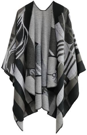 Shmily Girl Damen Poncho Habe Gestrickt Überdimensionalen Decke Kap-Schal (Pferd，Schwarz)