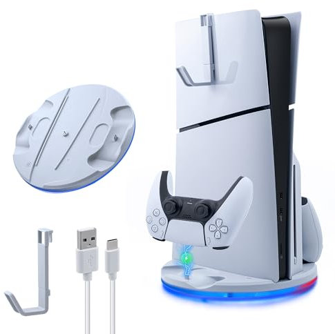 Mcbazel Soporte Vertical PS5 Slim con Luz Ambiental LED, Base de Carga Rápida para Dos Controladores con Accesorios Gancho Auriculares para Playstation 5 Slim DE/UHD Consola - Blanco