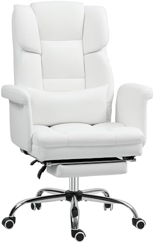 HOMCOM Bürostuhl Ergonomischer Schreibtischstuhl mit Lendenwirbelstütze, Armlehne, Fußstütze, Höhenverstellbarer Drehstuhl aus Kunstleder, Gepolstert Computerstuhl, Weiß