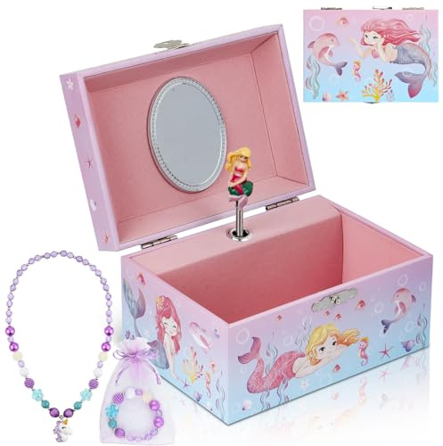 hombrima Boîte à bijoux de musique, boîte de réception de bijoux de musique avec jeu cadeau de ballerine tournante pour filles enfants filles (sirène-rose)
