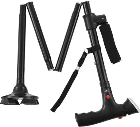 Bastone da passeggio pieghevole con luce e allarme, bastone da passeggio pieghevole per uomo e donna, con luce a LED, 4 livelli di altezza, regolabile in altezza, per anziani, escursioni, arrampicata