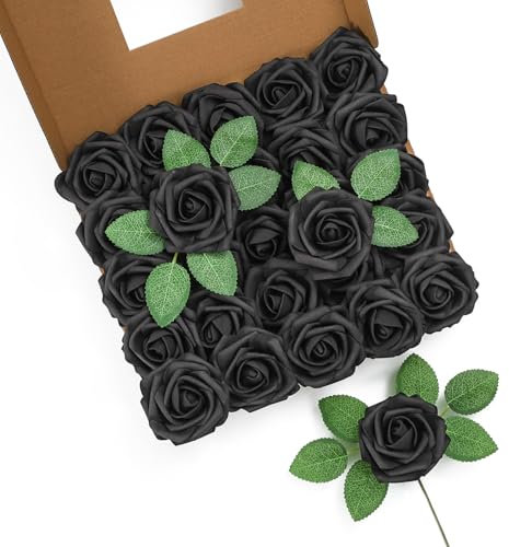 LEUCHTAMOR Lot de 25 roses artificielles noires en mousse au toucher réaliste pour bouquets de mariage, centres de table, arrangements floraux, fête, décoration d'intérieur