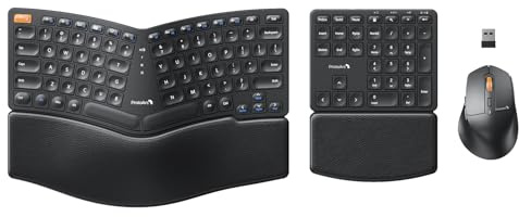 ProtoArc EKM04 Tastiera Ergonomica Mouse USB Wireless 2.4GHz Tastiera Ergo Mouse Combo con Tastiera Numerica Separata Design Split Poggiapolsi Rigido, Ricaricabile, per Windows Desktop/PC/Laptop