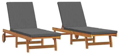 vidaXL Verstellbare Sonnenliege mit Kissen | Dunkelgrau Massives Akazienholz 2-teiliges Set Verstellbare Rückenlehne Outdoor Möbel Gartenliegestuhl Reclining Sonnenbad Portable mit Rädern