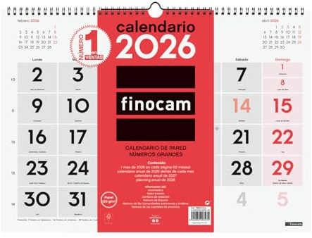 Finocam - Calendario de Pared Números Grandes 2026 Mes Vista Enero - Diciembre (12 meses) | Calendario 2026 | Planificador mensual Neutro - Español