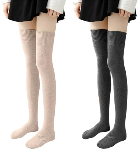 KEWUF 2 paires Femme Extra Longues Chaussettes Hautes de Cuisse Montantes Chaussettes de Genoux, Chaussettes Hautes Montantes Femmes Extra Longues Coton Tricot Chaud Épais Grande Bas Jambiere