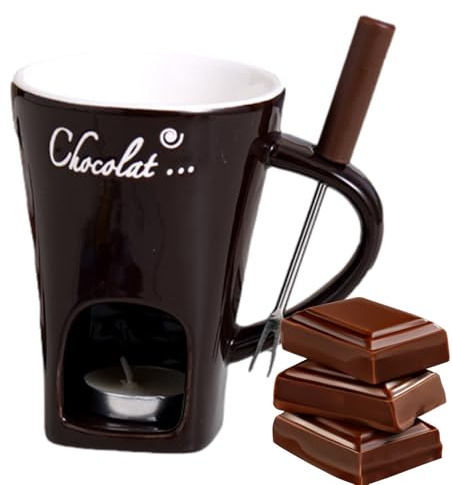 Chokladfonduemuggset – 130 ml keramisk mugg | mångsidig smörvärmare med fonduegaffel, kreativ varm choklad smältkruka för picknick efterrätter kaffe och drycker