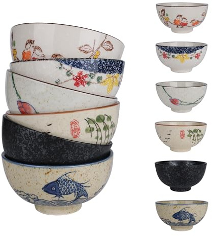 Vitrignis 4.5in Retro Japanese Rice Bowls - Hand-Painted Ceramic Bowls Set Of 6 - Small Soup Bowls For Cereal, Salad, Dessert, Ice Cream, Rice, Noodles, Dishwasher Microwave Safe